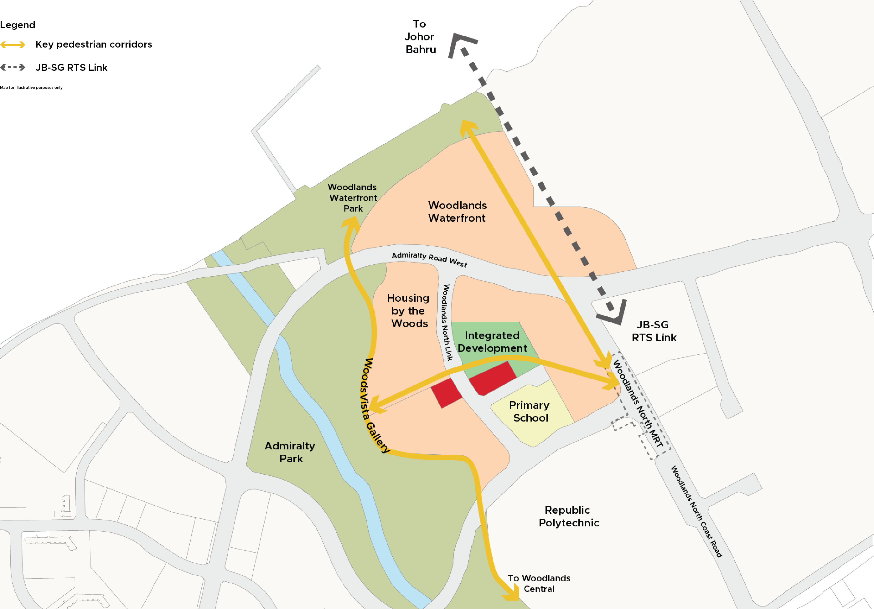 Map of Woodlands, Singapore, showing parks, waterfront, schools, roads, and a future rail link to Johor Bahru, Malaysia.